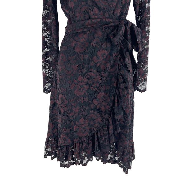 Ganni Flynn Lace Ruffle Wrap Dress Burgundy Black Size 2 - Picture 5 of 11